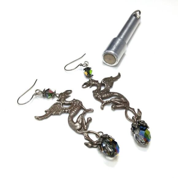 Vintage Dragon Silver Tone Long Earrings, Aurora Borealis Crystal Beads 1970s - Picture 8 of 10